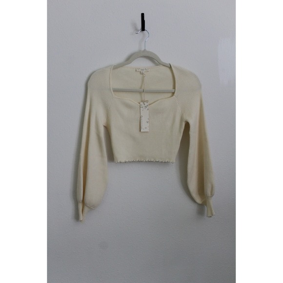 Endless Blu Sweaters - Endless Blu Womens Cream Pearl Hem Ribbed Knit Balloon Sleeve Crop Sweater S NWT